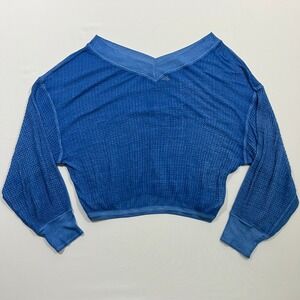 We The Free Thermal Top Waffle Knit Semi Sheer Cropped V-Neck Indie Blue Women L